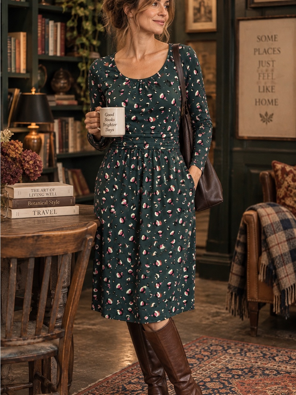 Boden Green Pink Floral Jersey Fit & Flare Dress Long Sleeve Pockets Modal UK